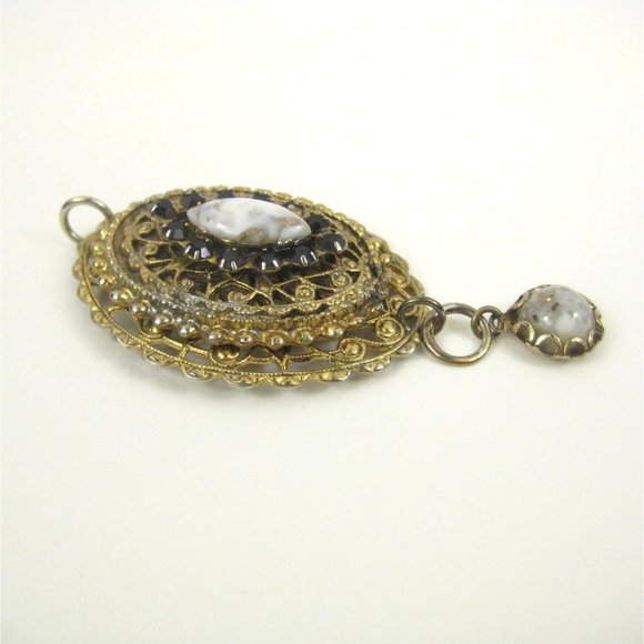 Goldtone Filigree Pendant ONLY 2.2 In Dangle imitation Stone Red Rhinestones - Picture 5 of 7